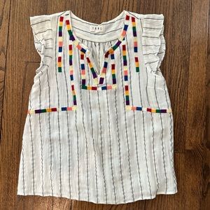 White Pin Stripe Top with Rainbow Stitch Detailing